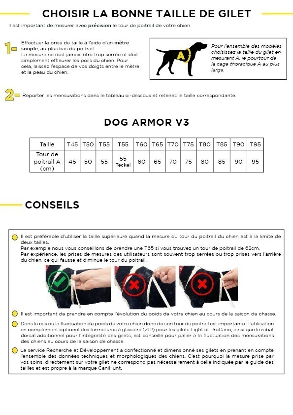 Guide de taille gilet Dog Armor V3 de Canihunt